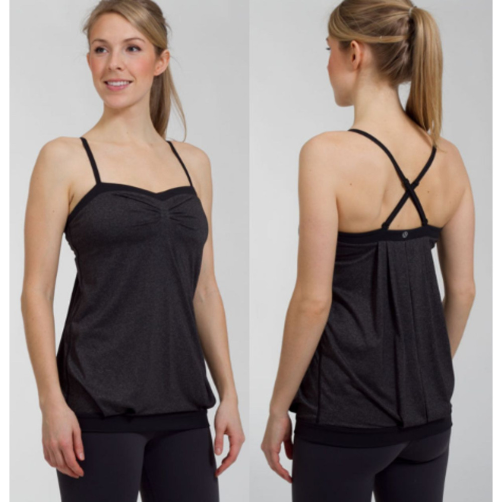 lululemon Gray & Black Pure Focus Long Tank Top Built-In Bra Convertible Straps